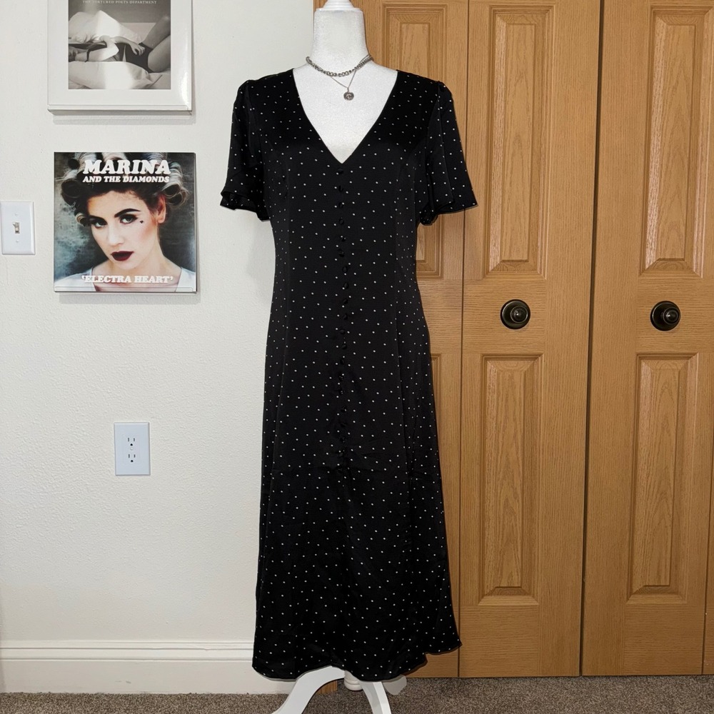 Prospect The Label Black Polka Dot V-Neck Midi Dress Short Sleeve Womens Size M